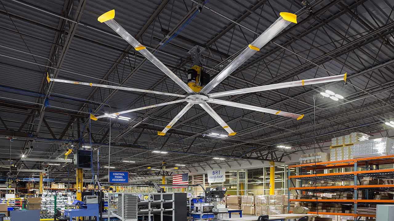 big-fans Powerful industrial fan efficiently cooling the entire warehouse area.