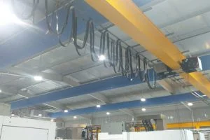 Warehouse with fabric ducting for air distribution.